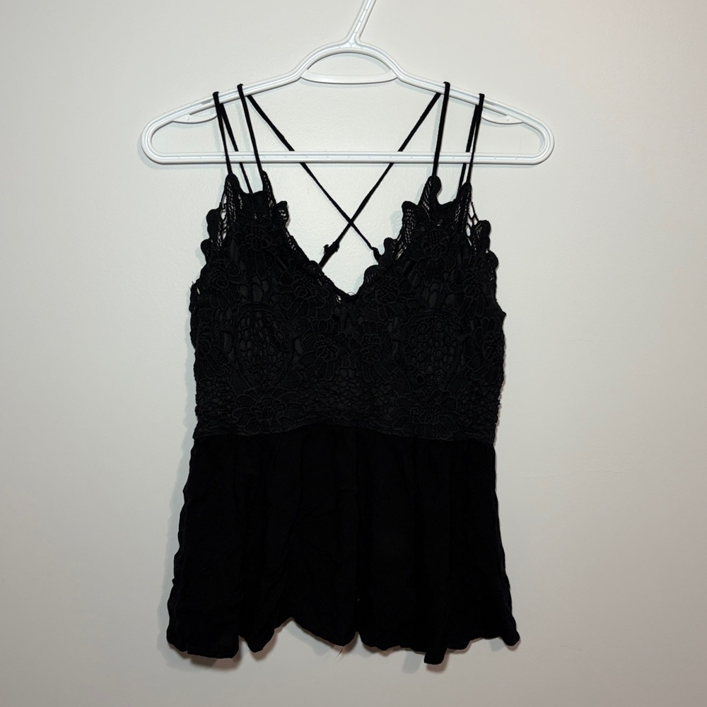 Black Lace Cami Tank Top with Crisscross Straps Festival Concert Going Out Top